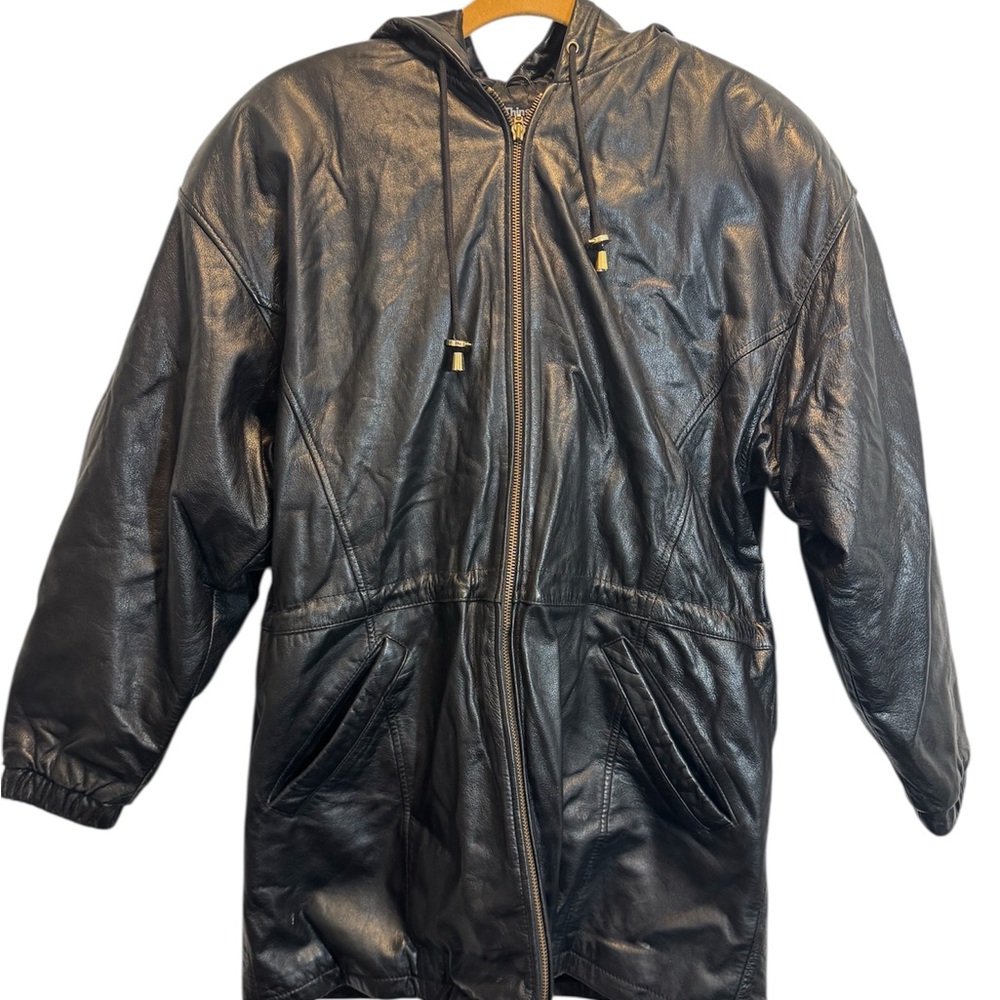 Wilsons Leather Vintage Men’s Black Leather Hooded Thinsulate Coat Size small